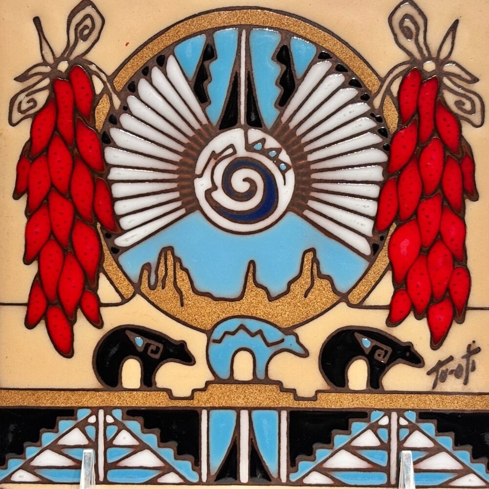 Hand Glazed Earthtones Southwestern Kiln Fired Terracotta Tile Trivet Tu-Oti 6" - Picture 3 of 14